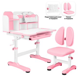 Комплект Anatomica Umka парта + стул + надстройка + выдвижной ящик + подставка для книг белый/розовый